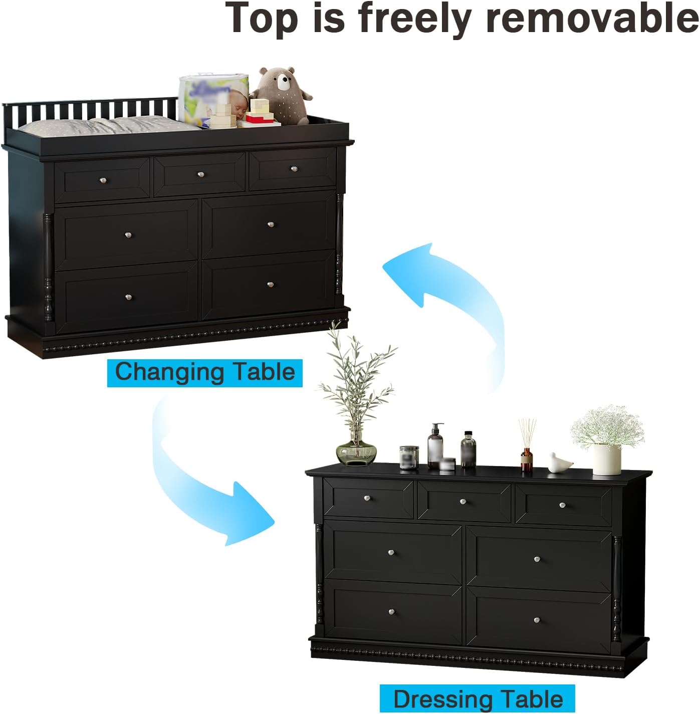 Close-up of dresser features including anti-tip kit and guardrail protection