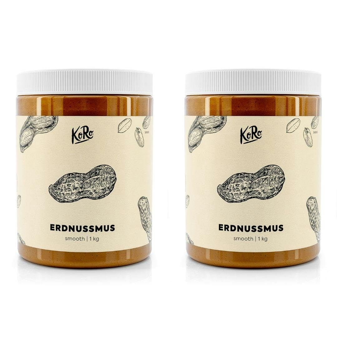 KoRo - Purée de cacahuètes - 2 x 1 kg - Consistance crémeuse - Sans sucre ajouté - Fabriquée à partir de cacahuètes torréfiées 100% sans graisse.