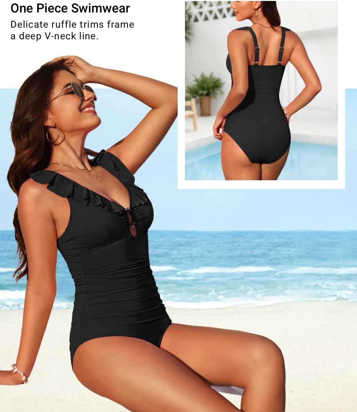 Women's One Piece Swimsuit Tummy Control Ruffle V Neck Bathing Suit Sexy Ring Detail Keyhole Cutout Swimwear 2026