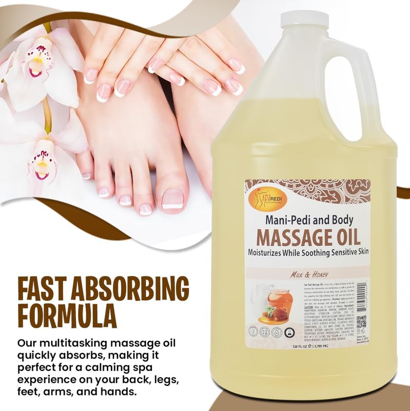 Miniatura 7 de SPA REDI - Aceite de masaje, leche y miel, 128 oz - Pedicura profesional, manicura, terapia de masaje de cuerpo completo - Hecho con almendras,