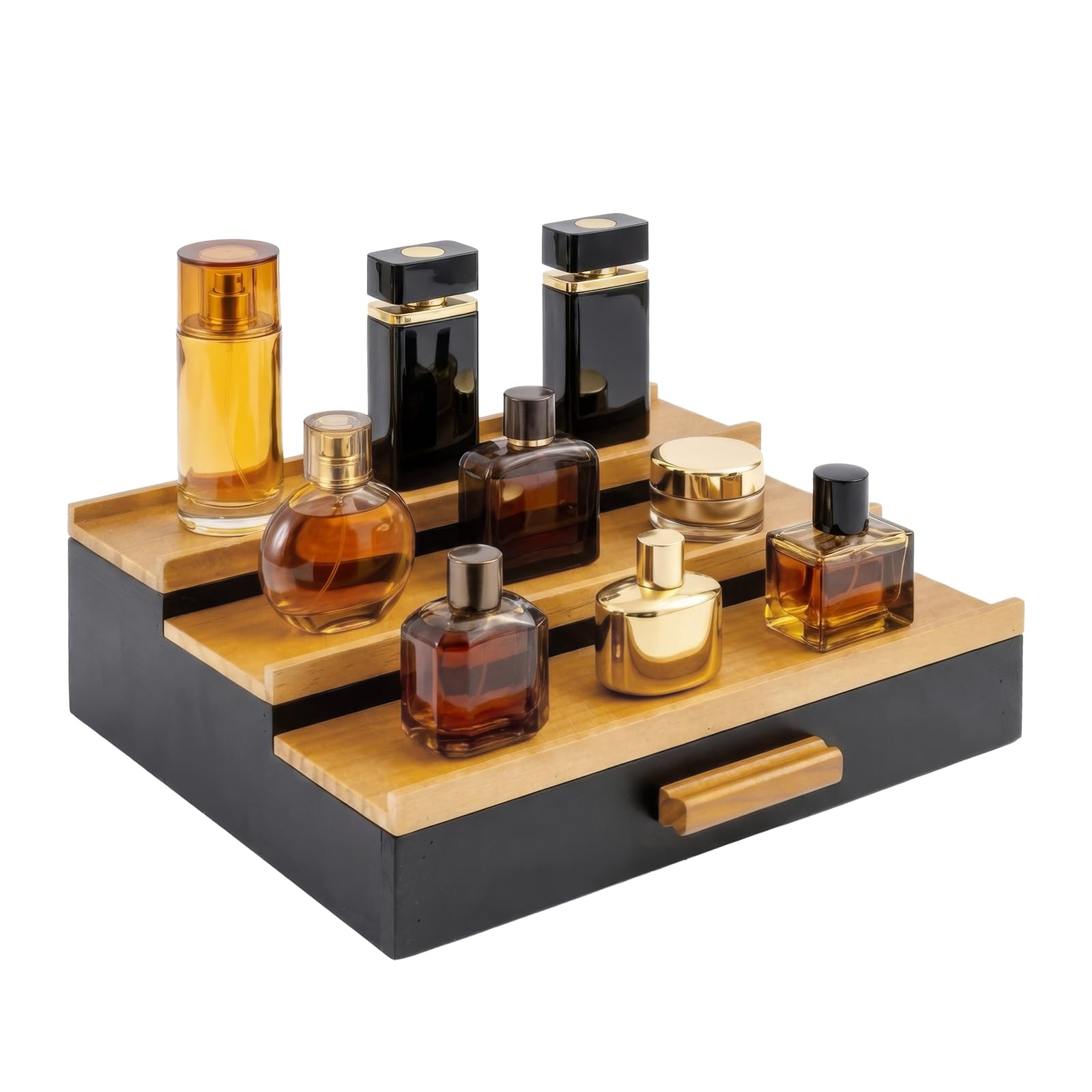 GREENSAPPIRE Wooden Cologne Organizer for Men, 3 Tier Perfume Display Shelf with Drawer Storage, Fragrance Organizer Display Risers for Vanity Dresser, Countertop Cologne Stand Gift for Men (Black)