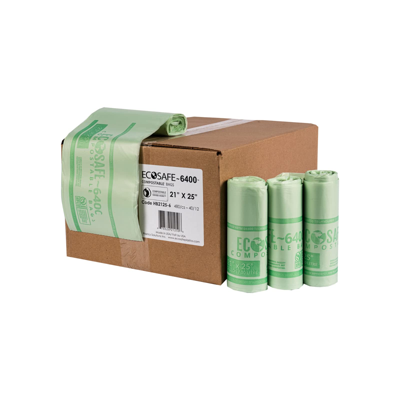 EcoSafe-6400 HB2125-6 Certified Compostable Bag - 21x25” Green Bags for 8 Gallon Bin - Extra Strong Leak, Puncture and Tear Resistant Food Scraps Bin Liners, Pack of 480