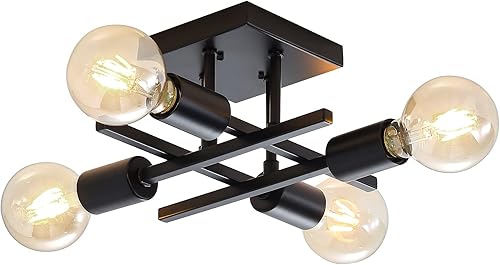 Miniatura 1 de Lámpara de techo industrial de 4 luces semiempotrada, moderna lámpara de araña negra, lámpara de techo Sputnik de granja E26 Stock para cocina,