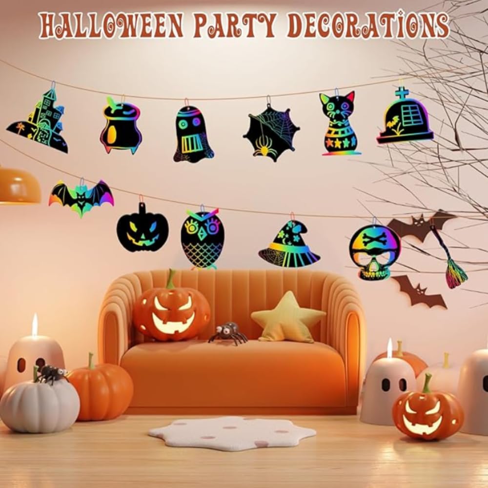 48Pcs Different Halloween Scratch Paper Set, Rainbow Scratch Art for Halloween, Crafts Black Scratch Off Paper with 24 Wooden Stylus 48 Cords, Halloween Decoration Hanging Decoration