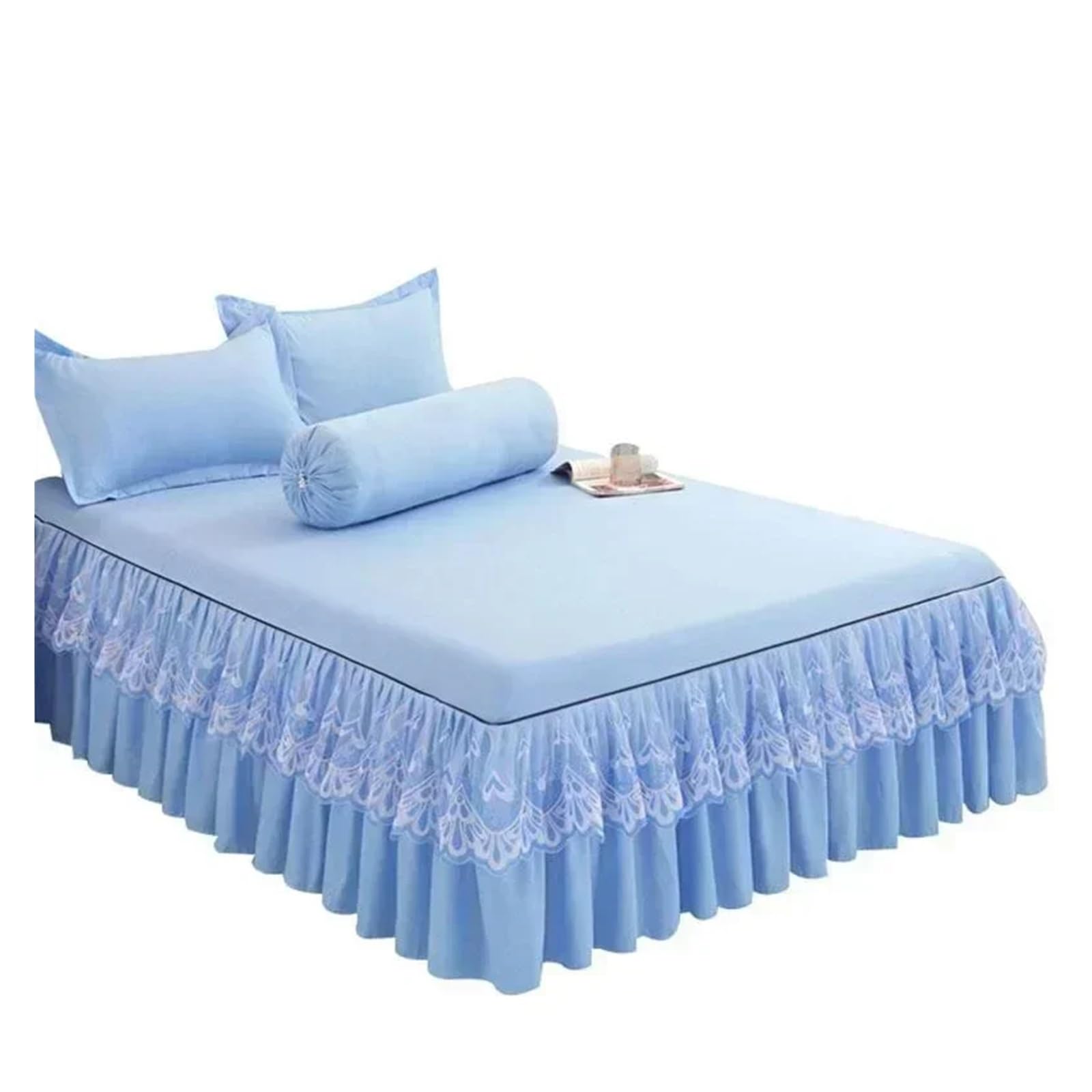 Ruffle Lace Skirt Bedspread Home Textile Solid Bed Skirt Bedroom Coverlets Bedspreads Sheets Cover Bedding(Blue,Queen)