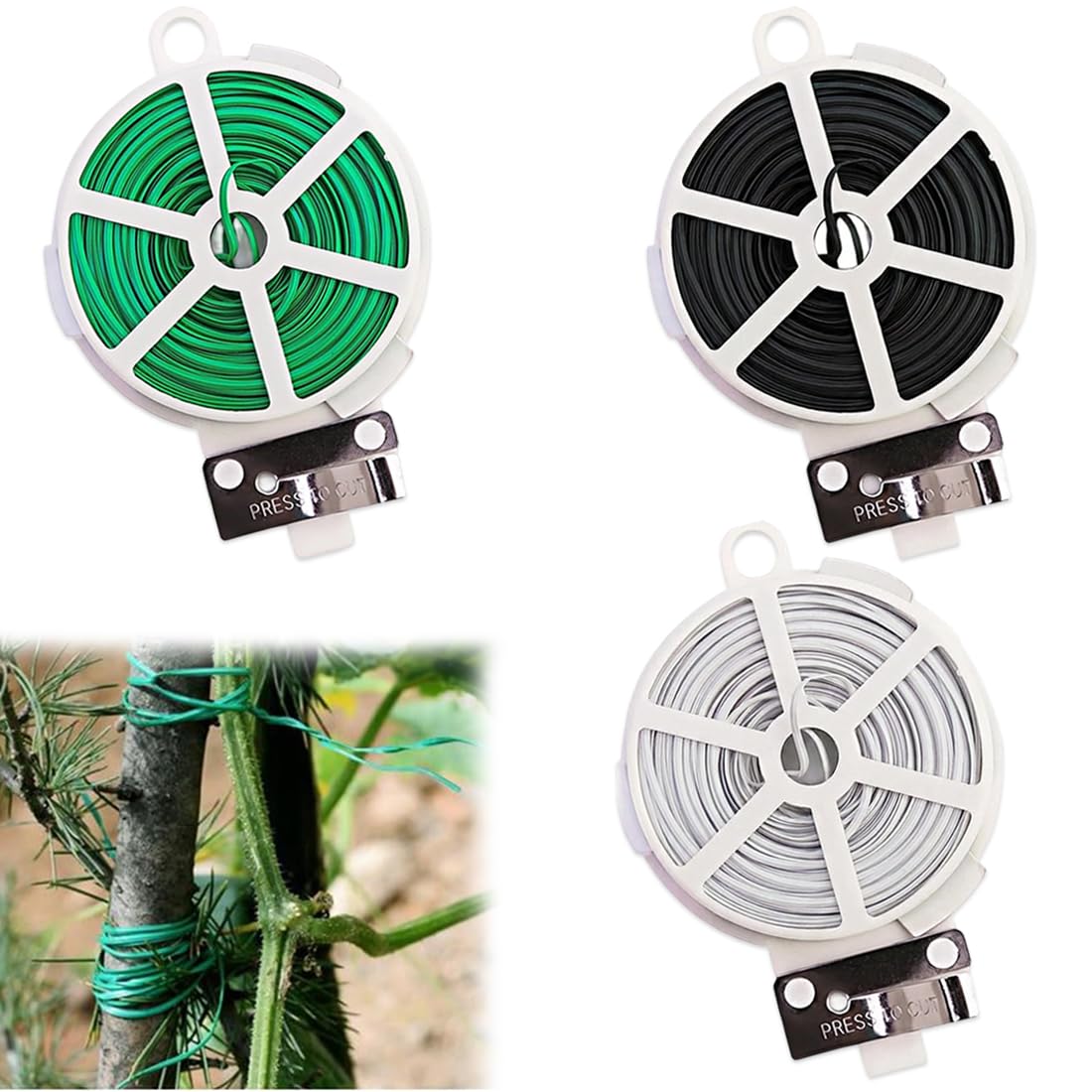 3x30m Filo di Ferro Plastificato - Legacci per Piante e Pomodori, Filo Legatura con Taglierino e Supporto, Resistente UV, Modellabile, per Giardino, Cavi e Fai da Te – Verde, Bianco, Nero