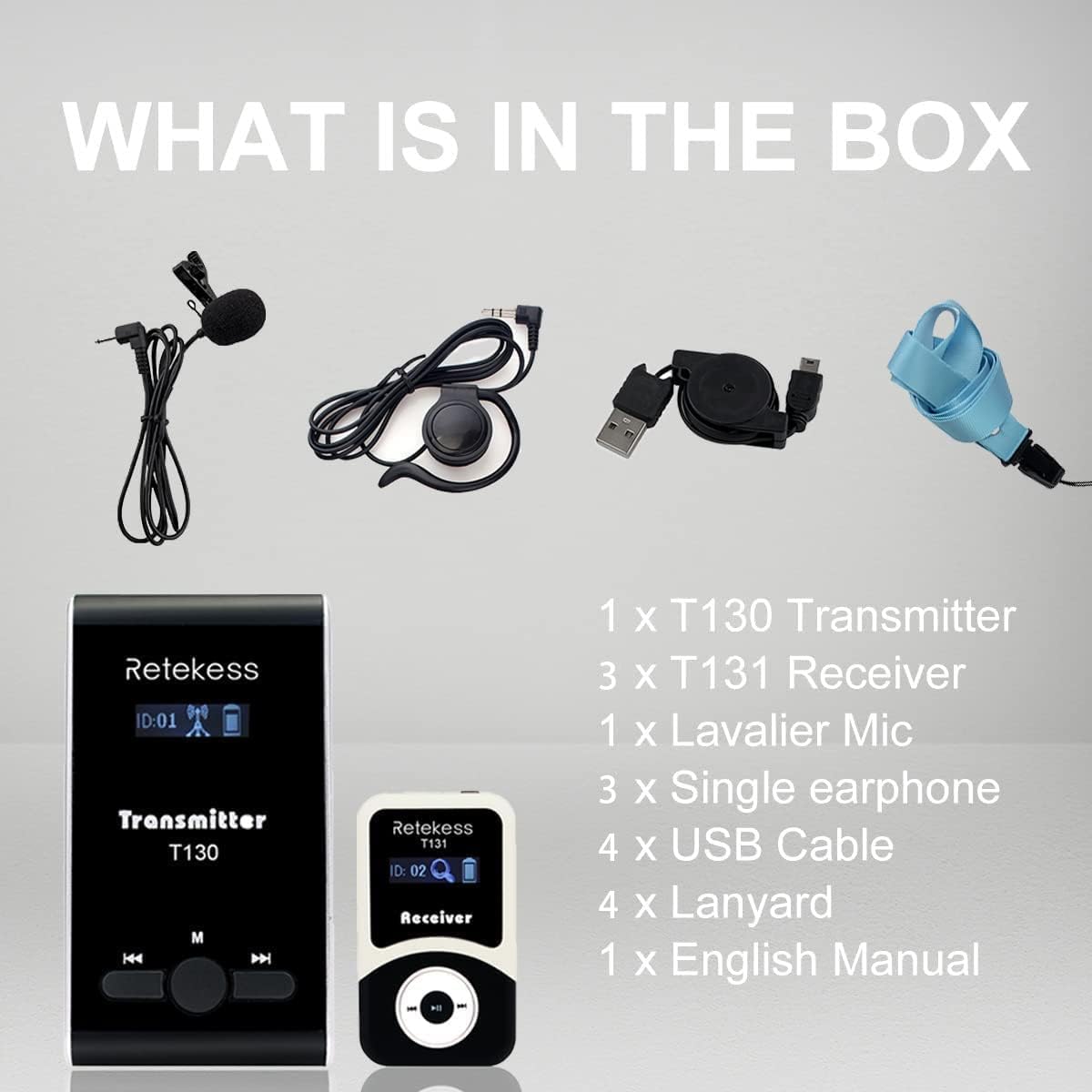 Retekess T130, Wireless Tour Guide System, T131 Receiver with 3.5mm One-Side Earphone, for Church School Court Factory(1 Transmitter 3 Receivers)