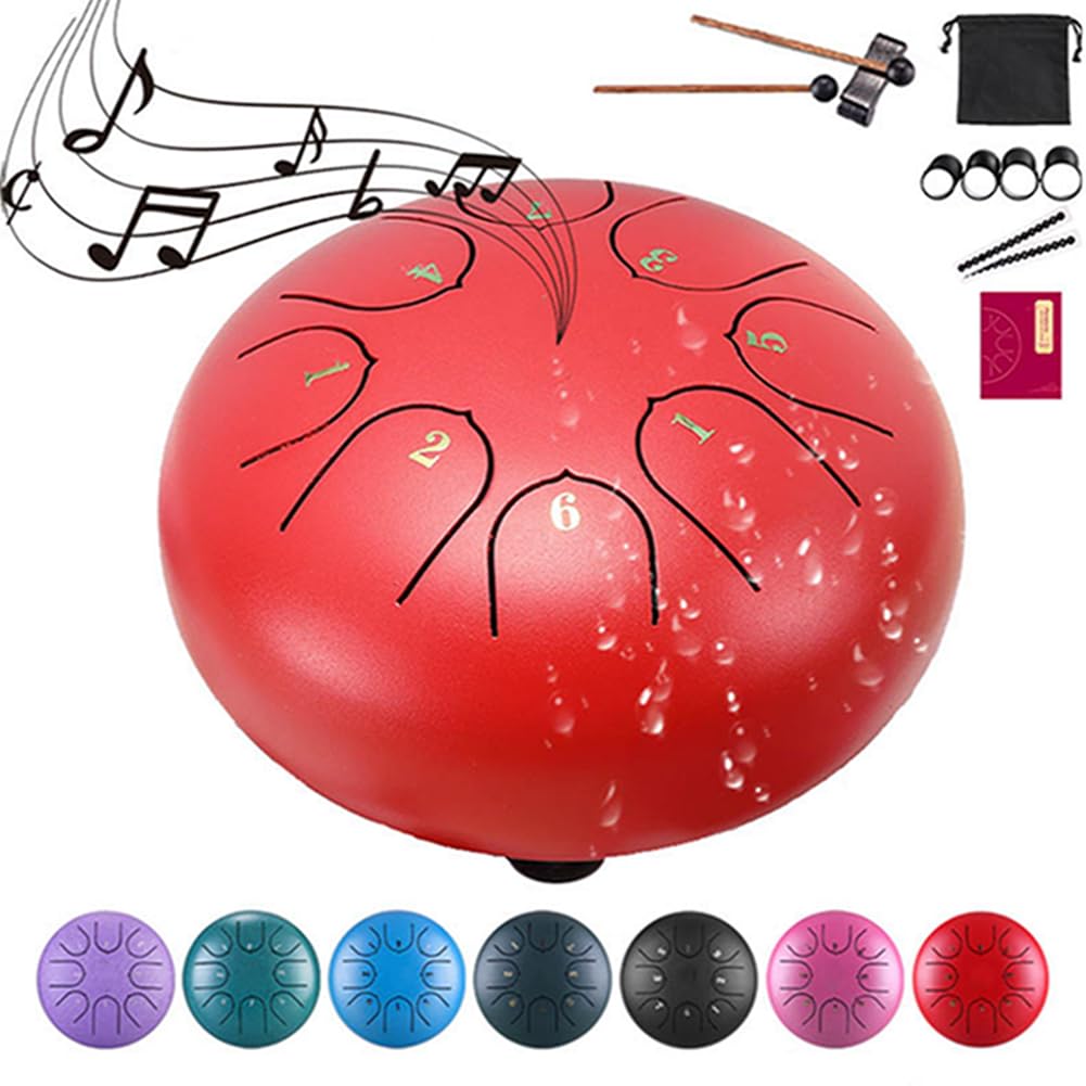 Rain Drum for Outside Garden, 8 Note 6 Inch Steel Tongue Drum, Chakra Drum for Rain Music Chime, Musical Instruments When It Rains, Meditation Accessories for Camping, Meditation, Yoga, Education(6red