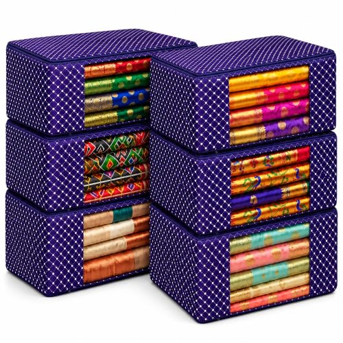 Image of DALUCI Cotton Quilted Saree Covers Set of 6 | Saree Cover Bags for Storage with Transparent Window & Zip | Wardrobe Organizer for Clothes, Sarees, Lehengas, Dresses Foldable Closet Storage Bags - Blue
