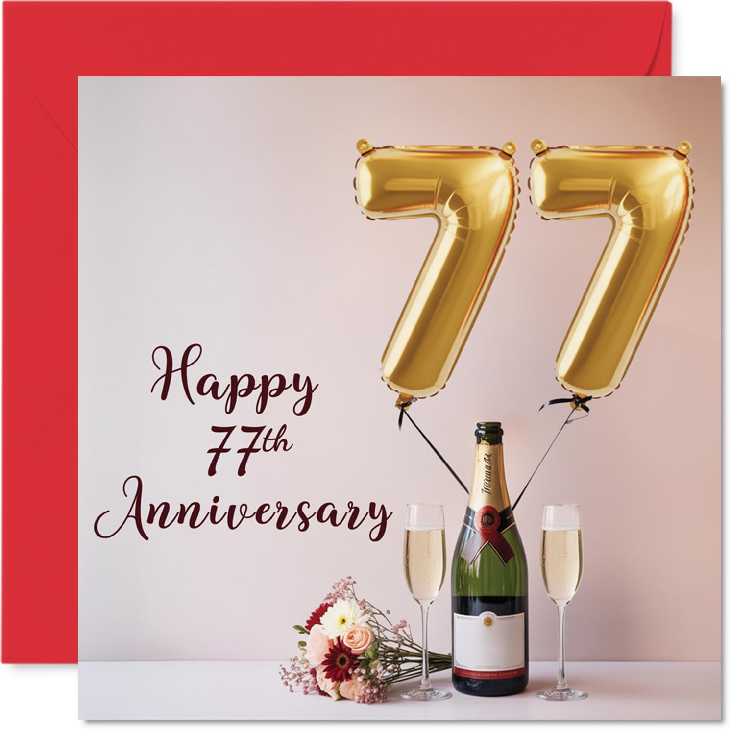 77th Anniversary Card for Women and Men, Balloons & Bottle of Bubbly