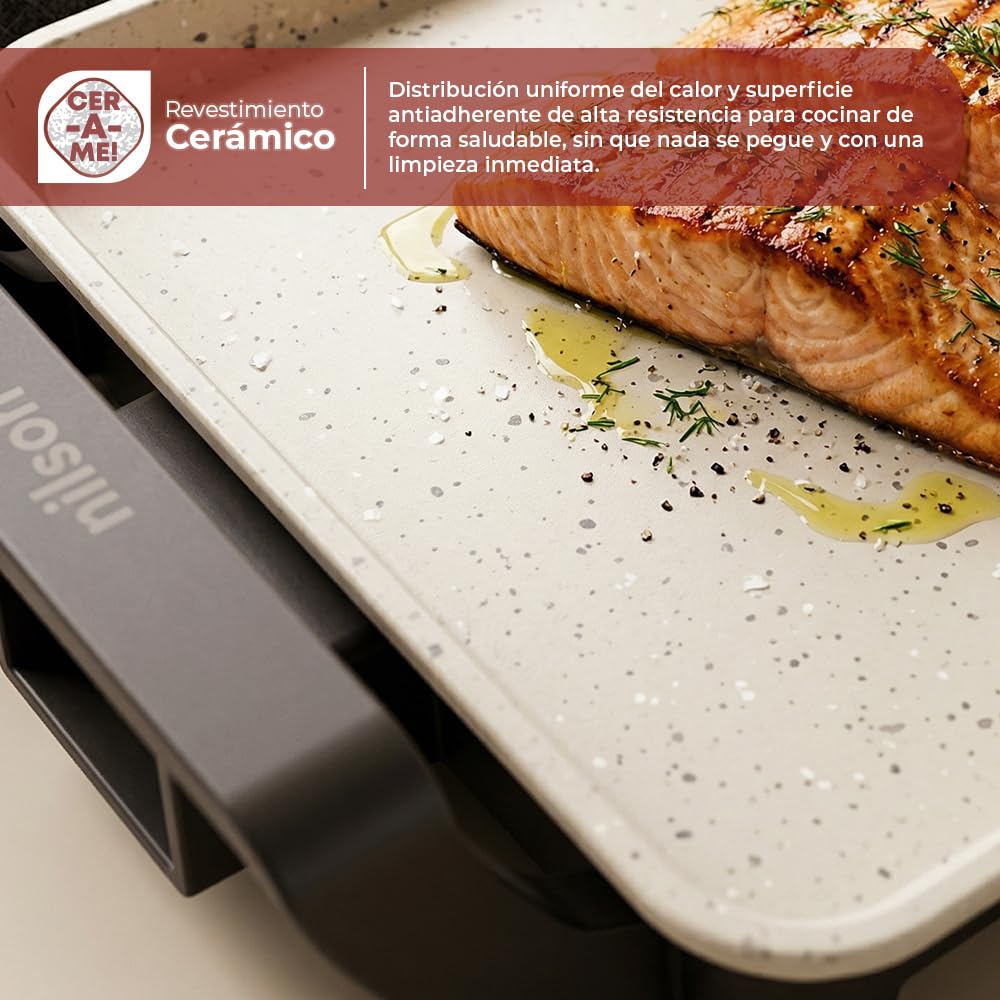 Plancha de Asar, Grill Eléctrico, 2550 W, Cocina Carnes, Verduras y Mariscos, Revestimiento Antiadherente, NPE533300L, Control de Temperatura, Superficie de Cocción 58x33 cm