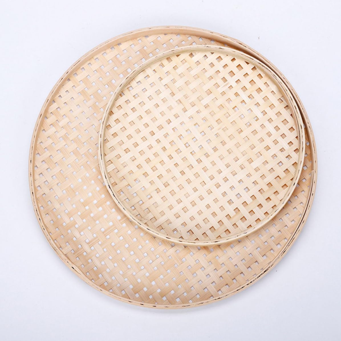 Cesti in Bambù Intrecciati Artigianalmente 2 Pezzi, Forma Rotonda, Tessitura Artistica Naturale, per Cucina e Decorazione Casa Fattura