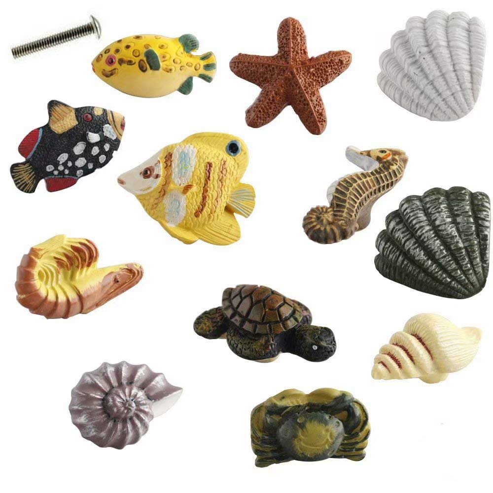 Frolahouse Set of 12 Seashell Nautical Decor Cabinet Knobs for Drawers or Doors,Beach Ocean Theme Knobs,Turtle,Seashell,Starfish, Fish, Seahorse,Crab,Rock lobster,Conch