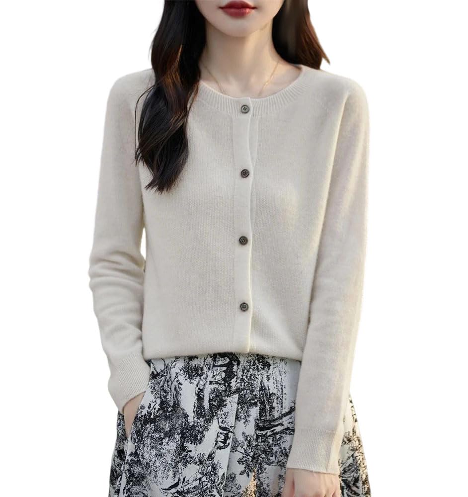 Pulcykp Women Fall Winter Merino Wool Solid Cardigan Sweater Long Sleeve Crew Neck Solid Buttons Front Sweater