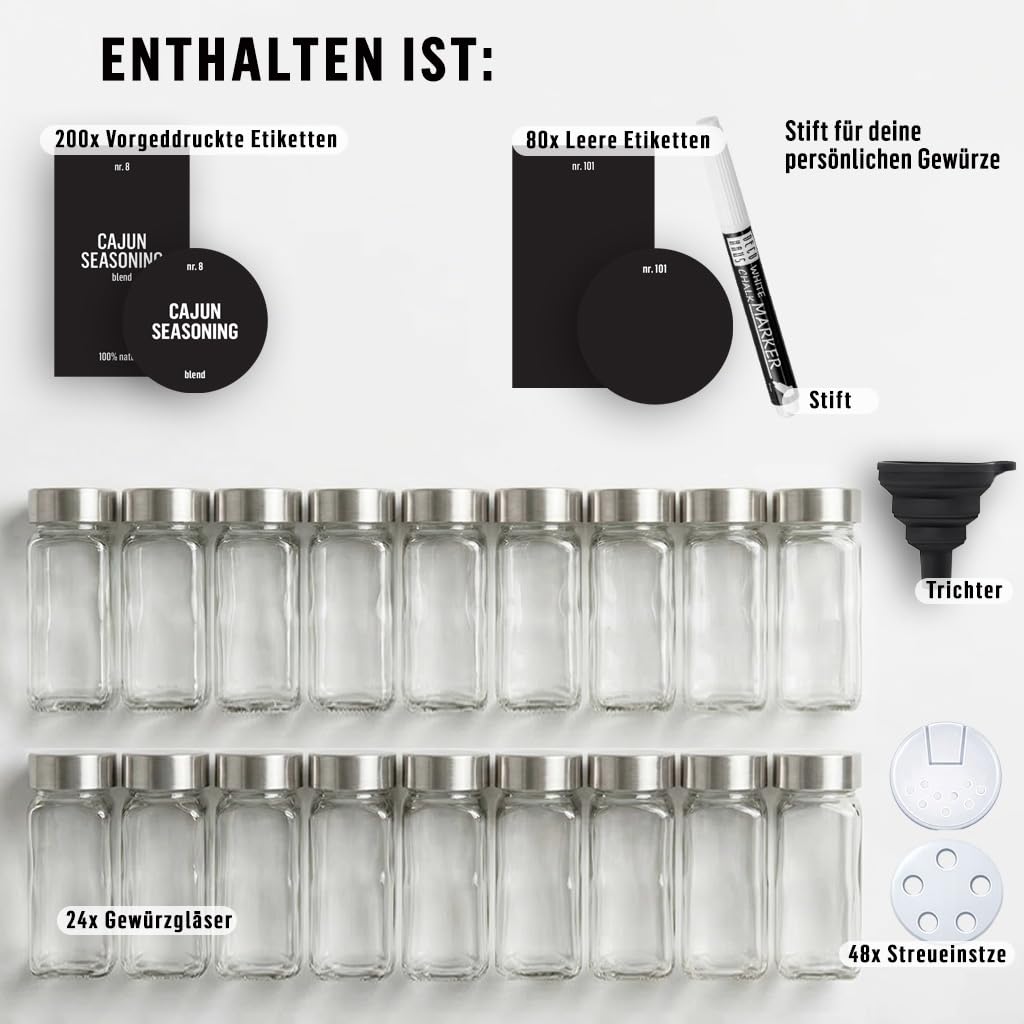 Deco haus® Gewürzgläser eckig luftdicht 24er Set [inkl. Etiketten & Streueinsatz] - Gewürzdosen Set Glas - Gewürzbehälter Spice Jars - Gewürze Aufbewahrung - Gewürz Organizer - Gewürzaufbewahrung