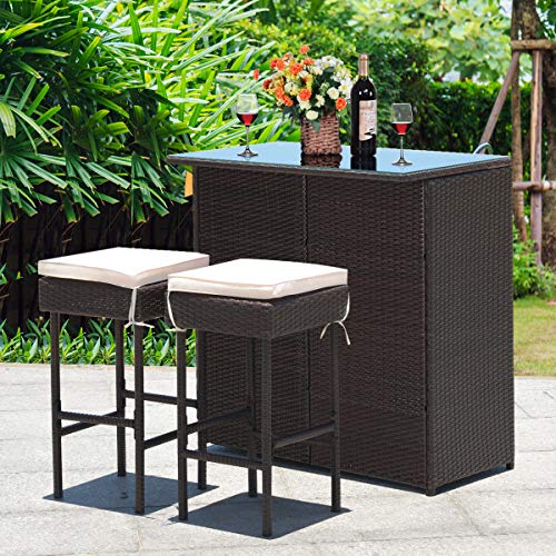 image for Tangkula Patio Bar Set, 3 Piece Outdoor Rattan Wicker Bar Set with 2 C