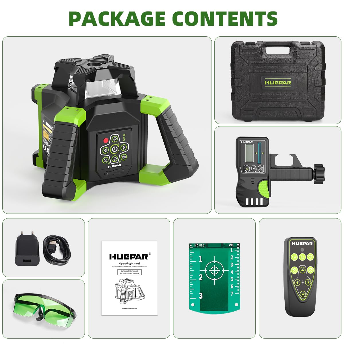 Livella Laser Verde Rotativa Autolivellante Professionale 800M | con Punti A Piombo| con Ricevitore | IP65 | Batteria Litio 14H | Kit Completo | Garanzia 2 Anni | Huepar RL300HVG