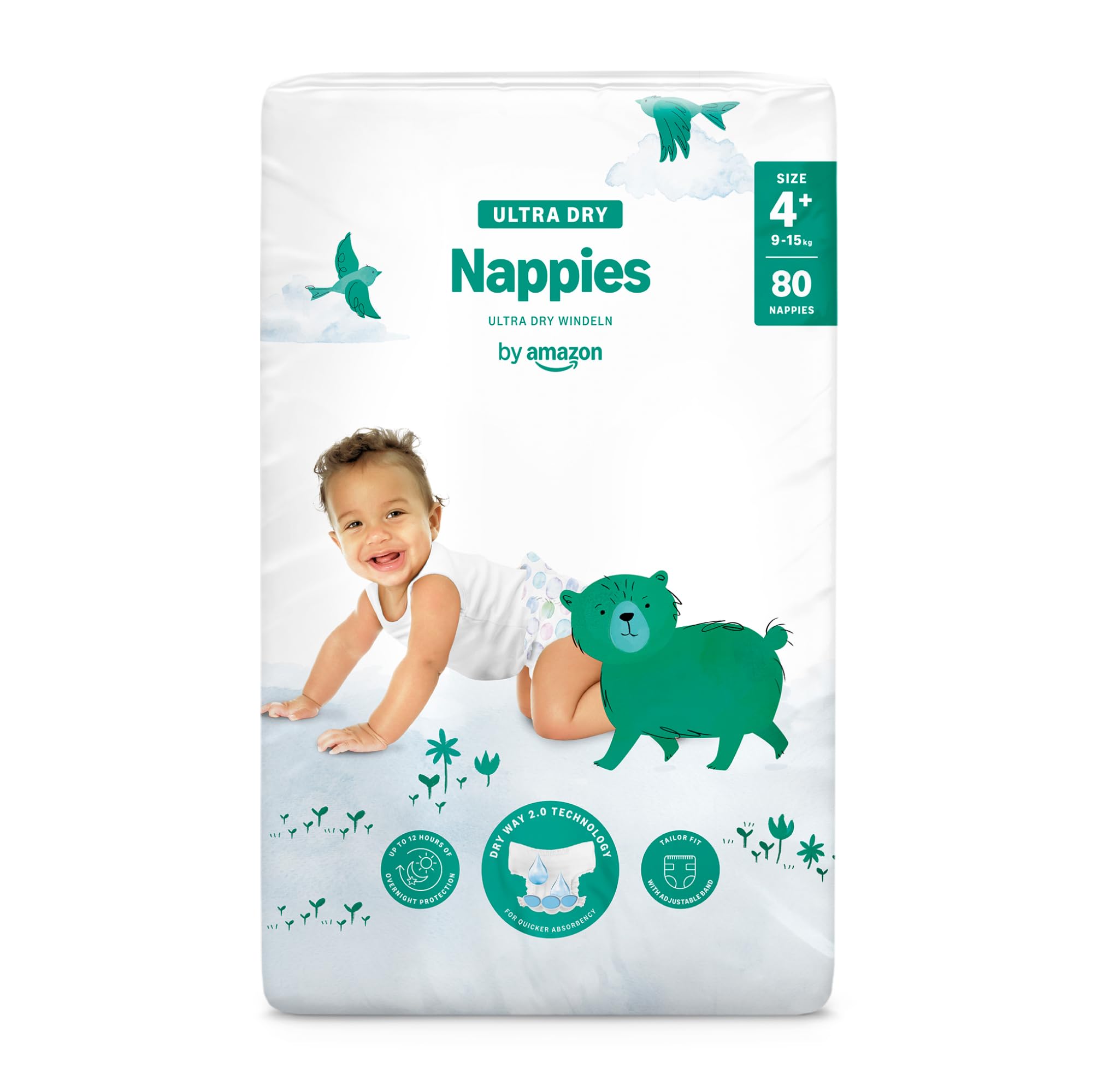 By Amazon Pannolini ultra asciutto, Taglia 4+ (9-15 kg), Con canali d'areazione, Bianco, 80 Unità (1 confezioni da 80) - Nuova versione (Precedentemente un marchio Mama Bear brand, stesso prodotto)