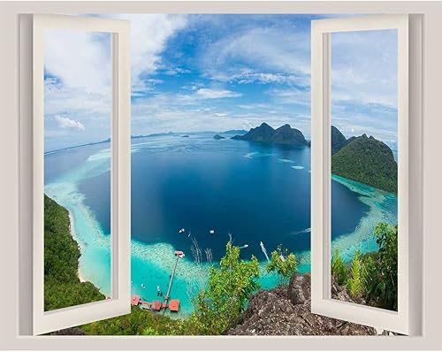 Beautiful Seascape Pegatinas para Pared De Cuarto,Open Window Headboard Decal Fake Garage Windows Dining Room (W)39.4"X(H)23.6"