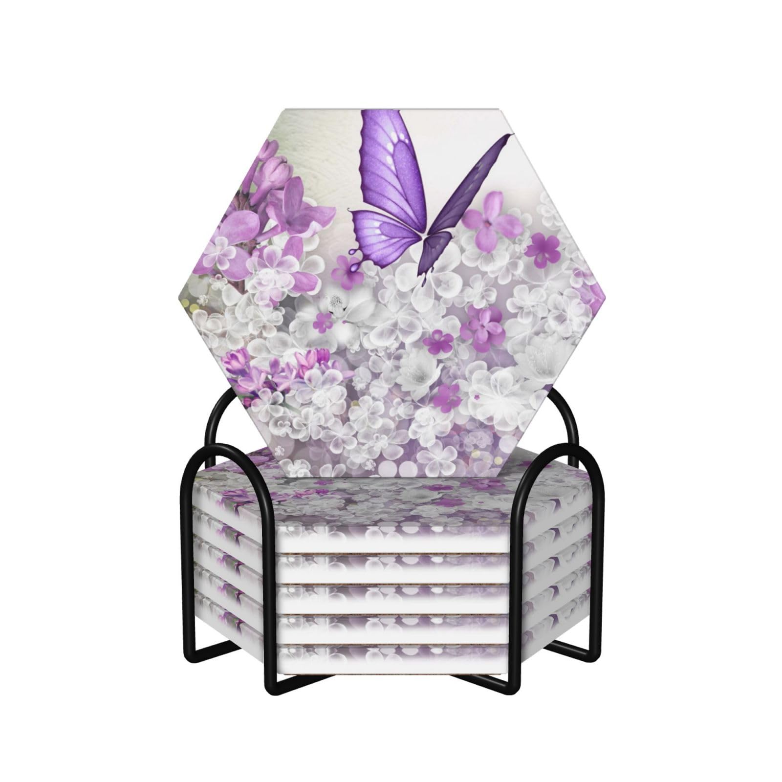Set di 6 sottobicchieri decorativi in ceramica con stampa di farfalle e fiori