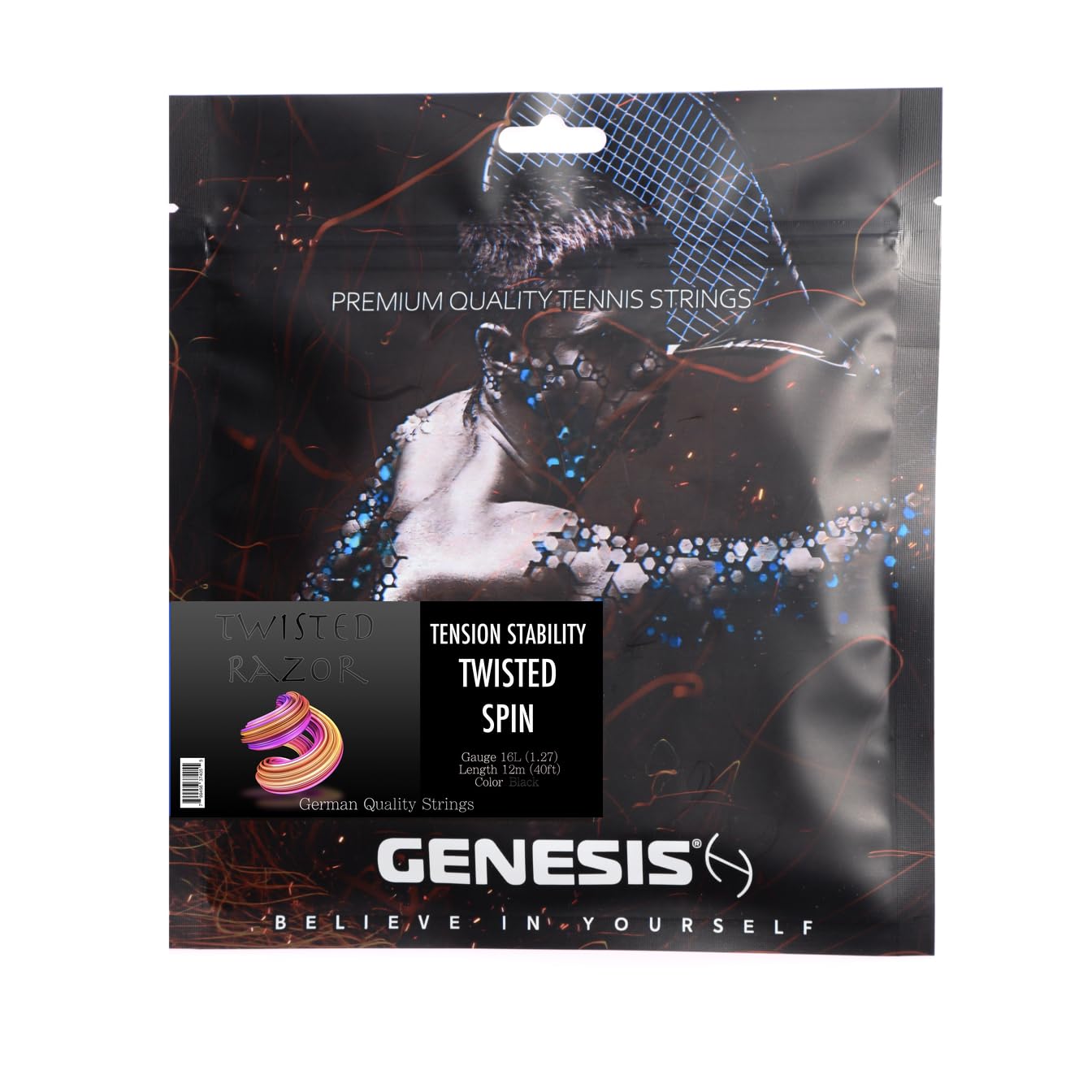 Set Corde Da Tennis GENESIS TWISTED RAZOR 16L Nero - Monofilamento Co-polimero, Massimo Spin, 40 Piedi (12 M)