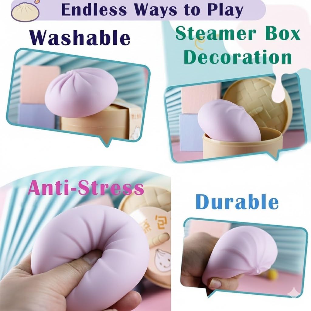Dumpling Squishy Toy,Large Cute Fingertip Sensory Dough,A Steamed Bun-Shaped Stress-Relieving Toy Suitable for Adults and veryone,Perfect for Classroom Rewards and Party Gifts (Purple with Steamer)