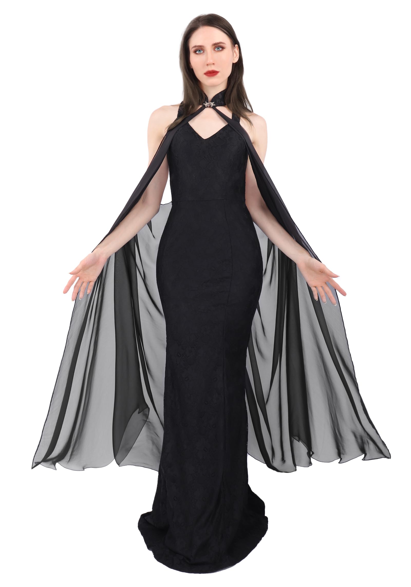 KUOIN Women's Chiffon Sheer Cape Gothic Tulle Cloak Halloween Wedding Bridal Collared Shawls Full-Length 130CM, Black, One Size
