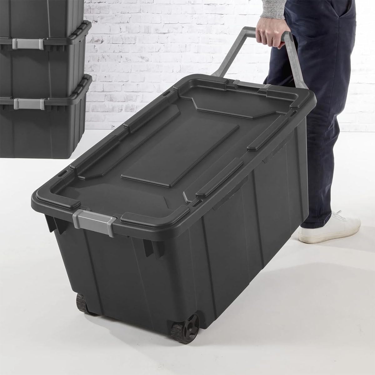 Contenitore di stoccaggio resistente con ruote, borsa industriale, contenitore in plastica robusta, coperchio con chiavistello, maniglie