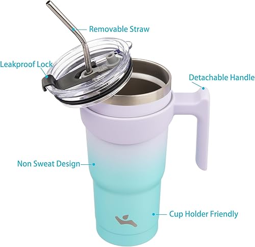 Miniatura 2 de Vaso de 20 onzas con asa y 2 pajillas, 2 tapas, botella de agua aislada de acero inoxidable al vacío, taza reutilizable para viaje, Oasis