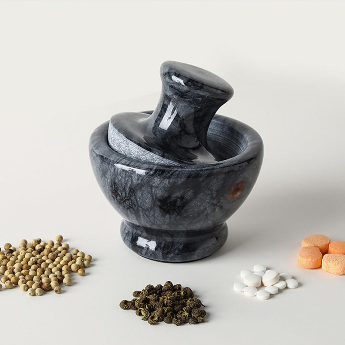GALPADA Mortero de Mármol Cabeza de Seta Negro para Moler Pastillas y Especias, Superficie Lisa Adecuado para Cocina y Farmacias, Accesorio Práctico