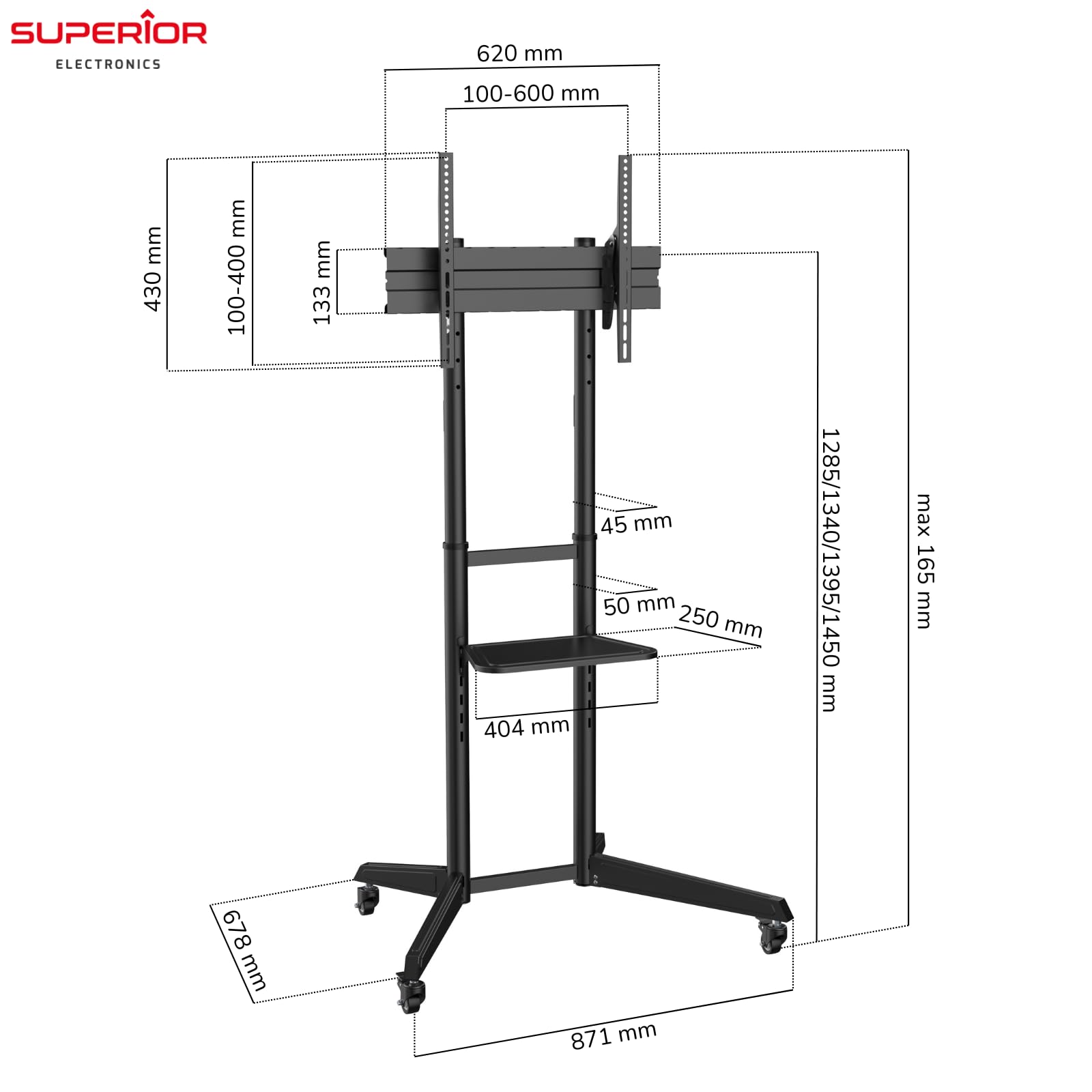 Superior Electronics Wheeled TV Floor Stand - Supporto TV da Pavimento con Ruote per Schermi da 37''-70'' - VESA 100x100-600x400 - Inclinabile +5°/-12° - Portata 50kg - Gestione Cavi - SUPSTV022
