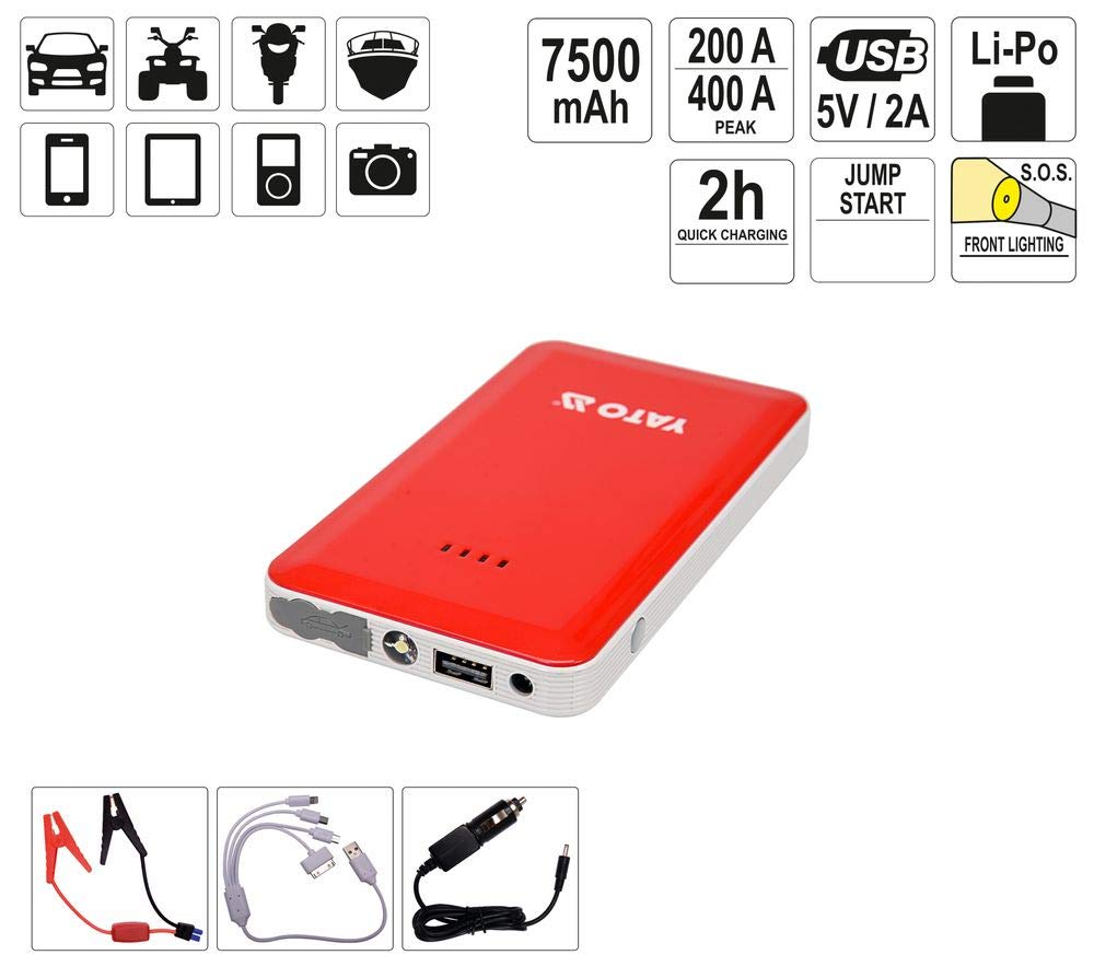 Yato Professional Power Bank with Jump Starter 200A/400A/7500mAh | 5V/2A USB | Emergency Light | Portable Car Jump Starter Car Battery Starter Torch Power Station Charger Jumper Cable, yt-83080