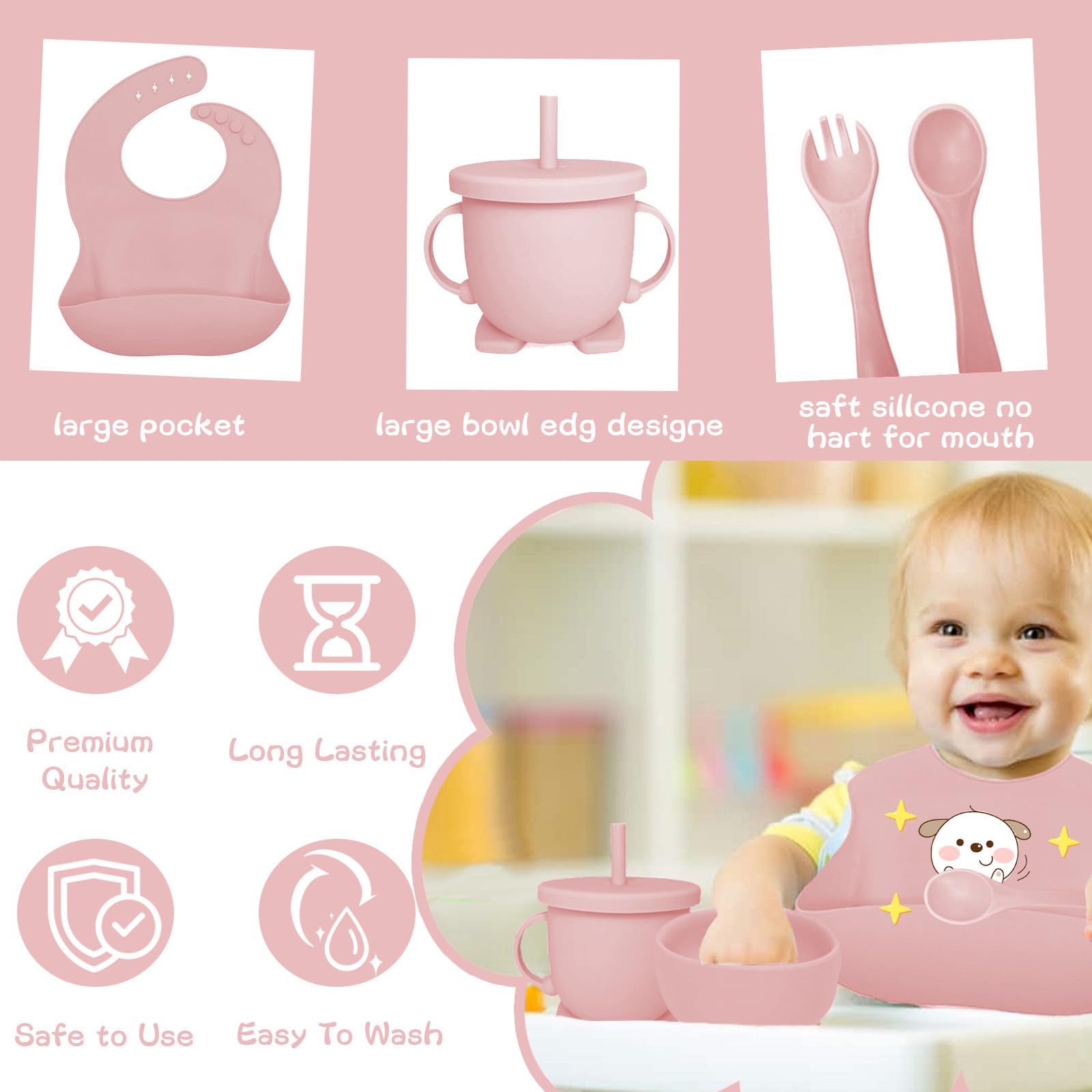 Set Pappa per Bambino, 12 Pezzi, Set Pappa Svezzamento per Bambini in Silicone, Senza BPA, Set di Posate per Bambini Antiscivolo con Ventosa Piatto Ciotola Tazza Bavaglino (Rosa chiaro)