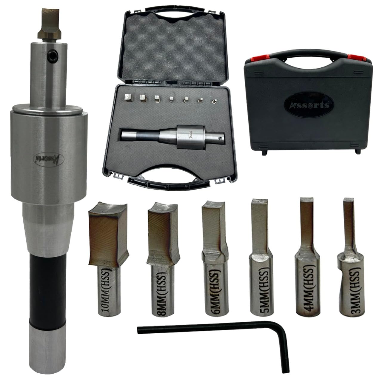 Assorts Newly Developed Rotary Broach (Metric) – R8 Shank (7/16” UNF Drawbar Thread + 7 PCS H.S.S. Square Punch Set (3–12 mm)-Enhanced with Wobble