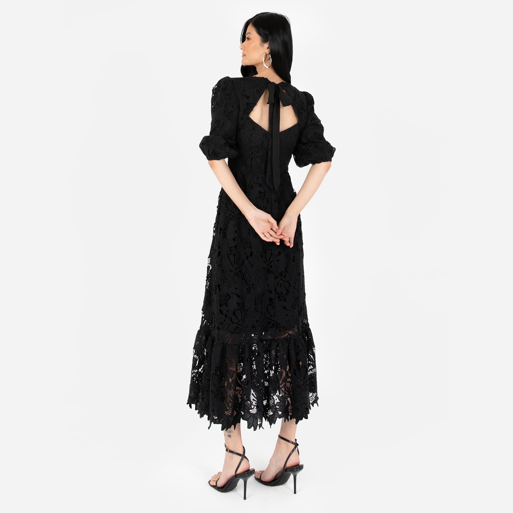 Maya Deluxe Women's Midaxi Dress V Neckline Puff Sleeve Lace A-Line For Wedding Guest Bridesmaid Cocktail Prom Evening Occasion Vestido Mujer