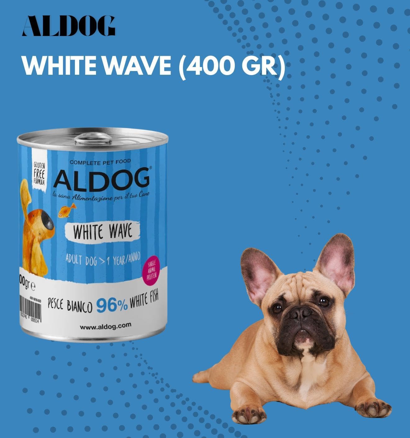 Adult Aldog húmedo perro sabor pescado blanco, paté para perros adultos de todas las tallas y razas, alimento completo para perros adultos | 6 latas de 400 gramos cada una.
