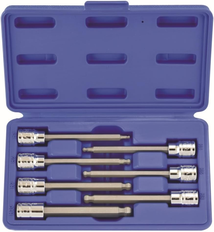 Domeiki Hex Ball Point End Socket Bit Set 7pc 3/8" Dr Extra Long 4.3" Allen Metric