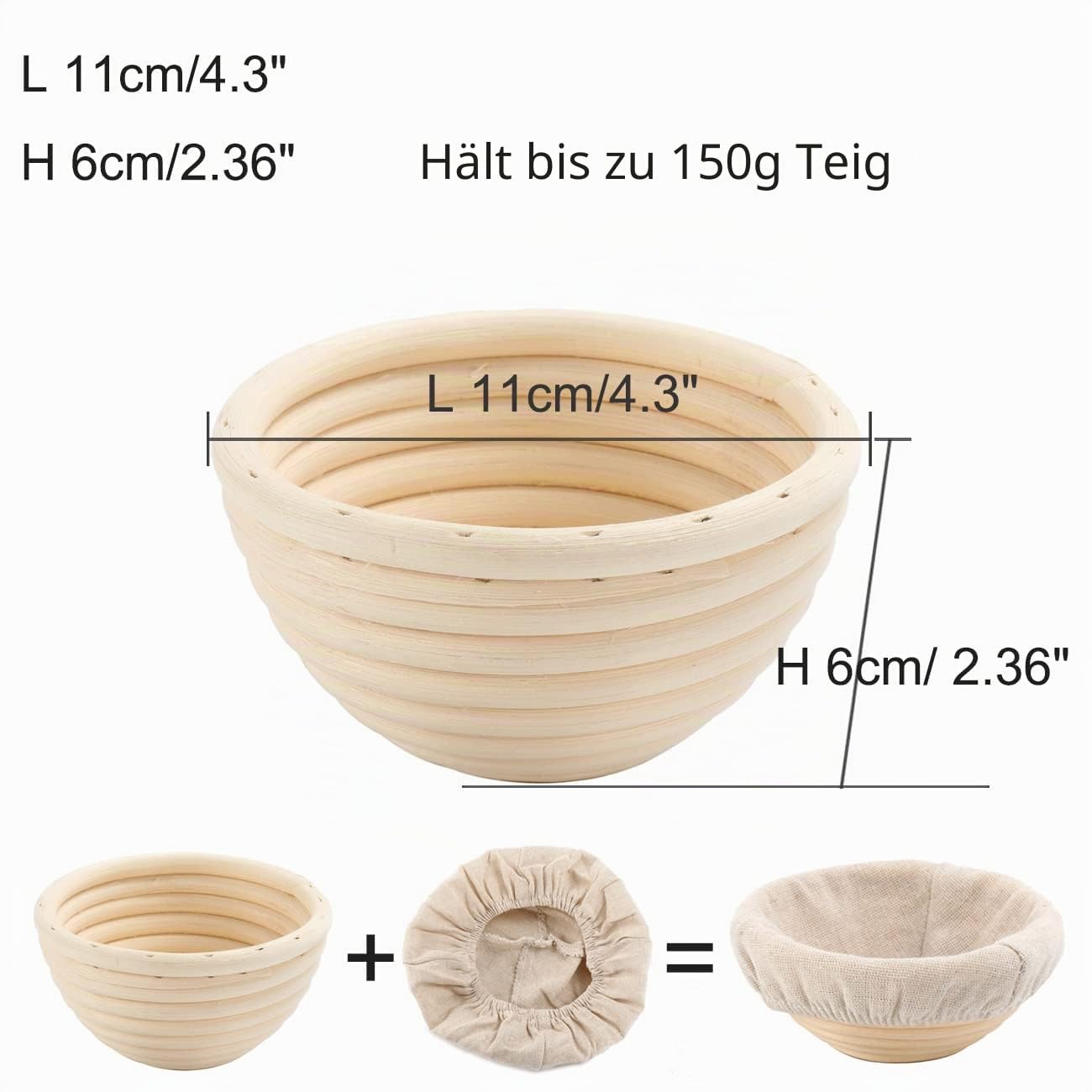 Kleiner runder 11 cm großer natürlicher Rattan-Brotgärkorb mit Stoffauskleidung, Sauerteig-Bannetons, Gärkorb, Brot, Backform, Backzubehör