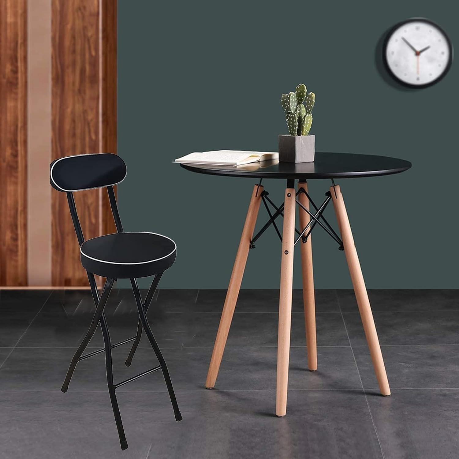 Modern White Folding Breakfast Kitchen Bar Stool with Backrest and Footrest Counter Height High Chair(Black+White,65cm/26inch)