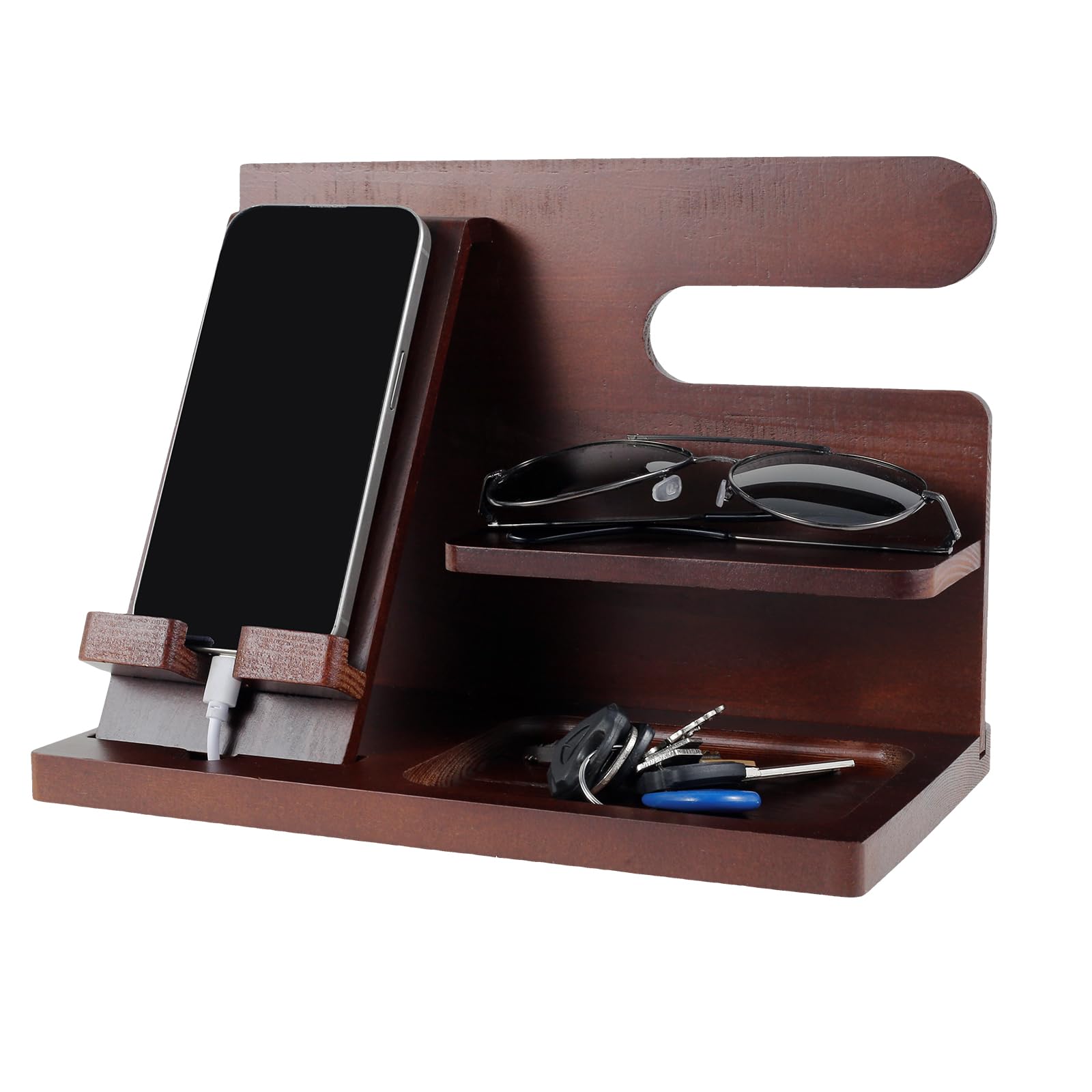 Qinglang Men's Brown Bedside Table Organiser For Wood Phone Docking Station Organiser Gadgets Key Holder Wallet Watch Stand Compartt Design Bedside Charging Station For Nightstand Entrance Desktop