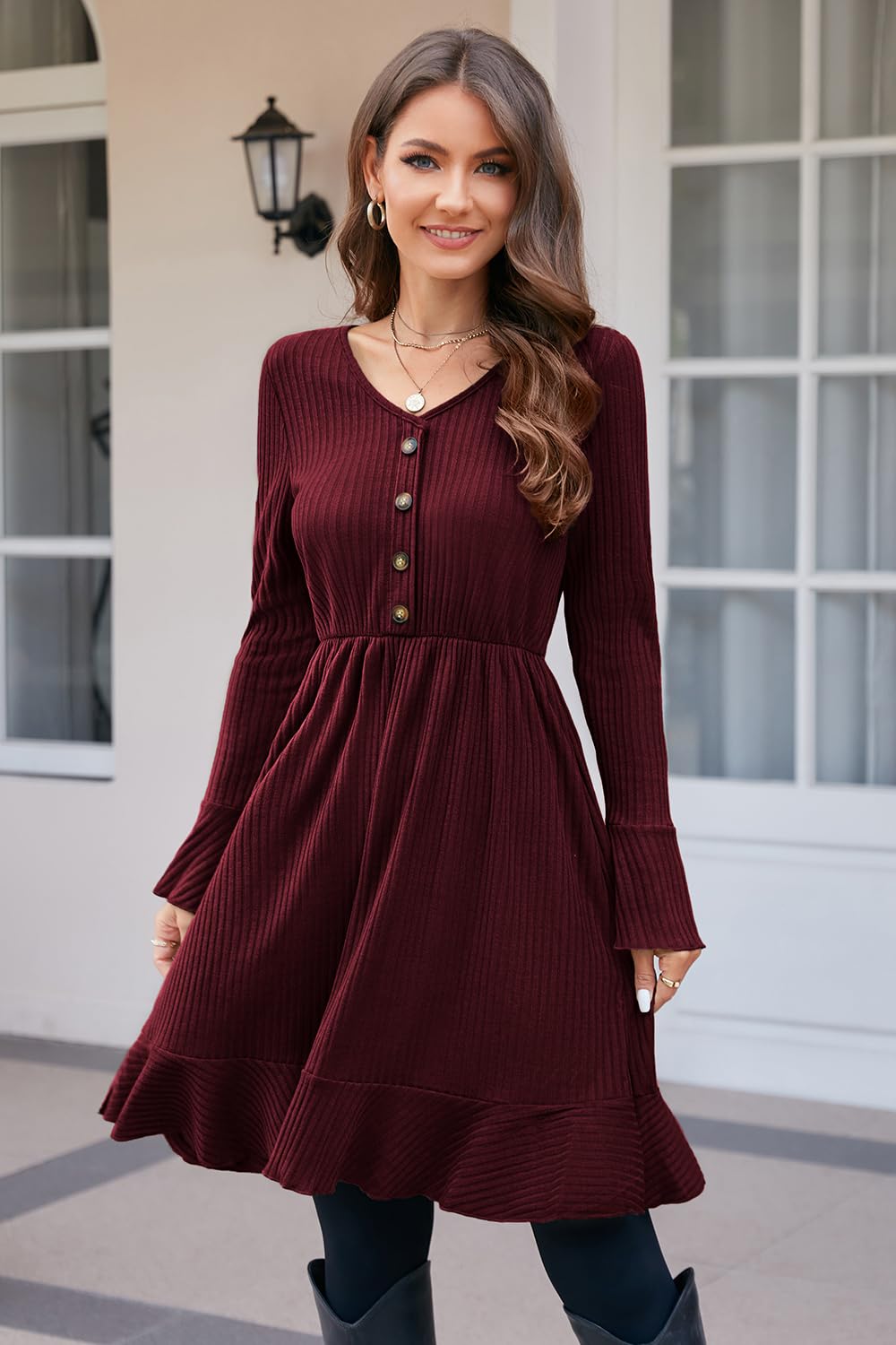 ULTRANICE Robe en Maille pour Femme Col en V avec Boutons Décoratifs pour L'automne et l'hiver