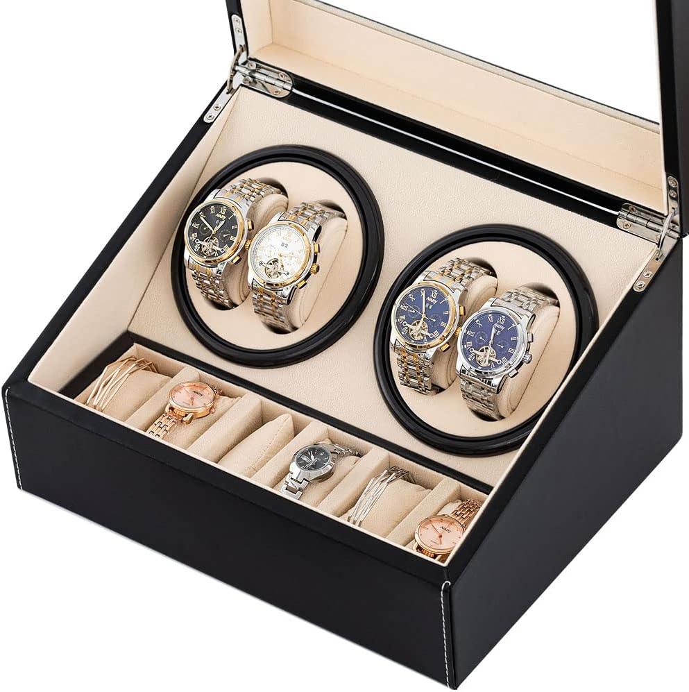 J&T Technology Automatic Watch Winder,4+6 Automatic Watch Winder Storage Display Box,Quiet Mabuchi Motor,Luxury Watch Winder Case for Lady and Man Watches- AC Adapter (PU)