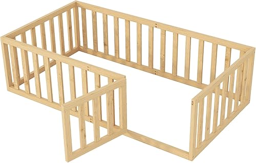 Miniatura 4 de i-POOK Base de cama de suelo de tamaño individual con valla y puerta, base de cama Montessori de madera con barandillas de seguridad para niños y