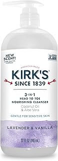 Kirk's 3-in-1 Head to Toe Nourishing Liquid Cleanser- for Men, Women & Children - Premium Coconut Oil & Aloe Vera- Non GMO & Vegan - Lavender and Vanilla - 32 Fl Oz.