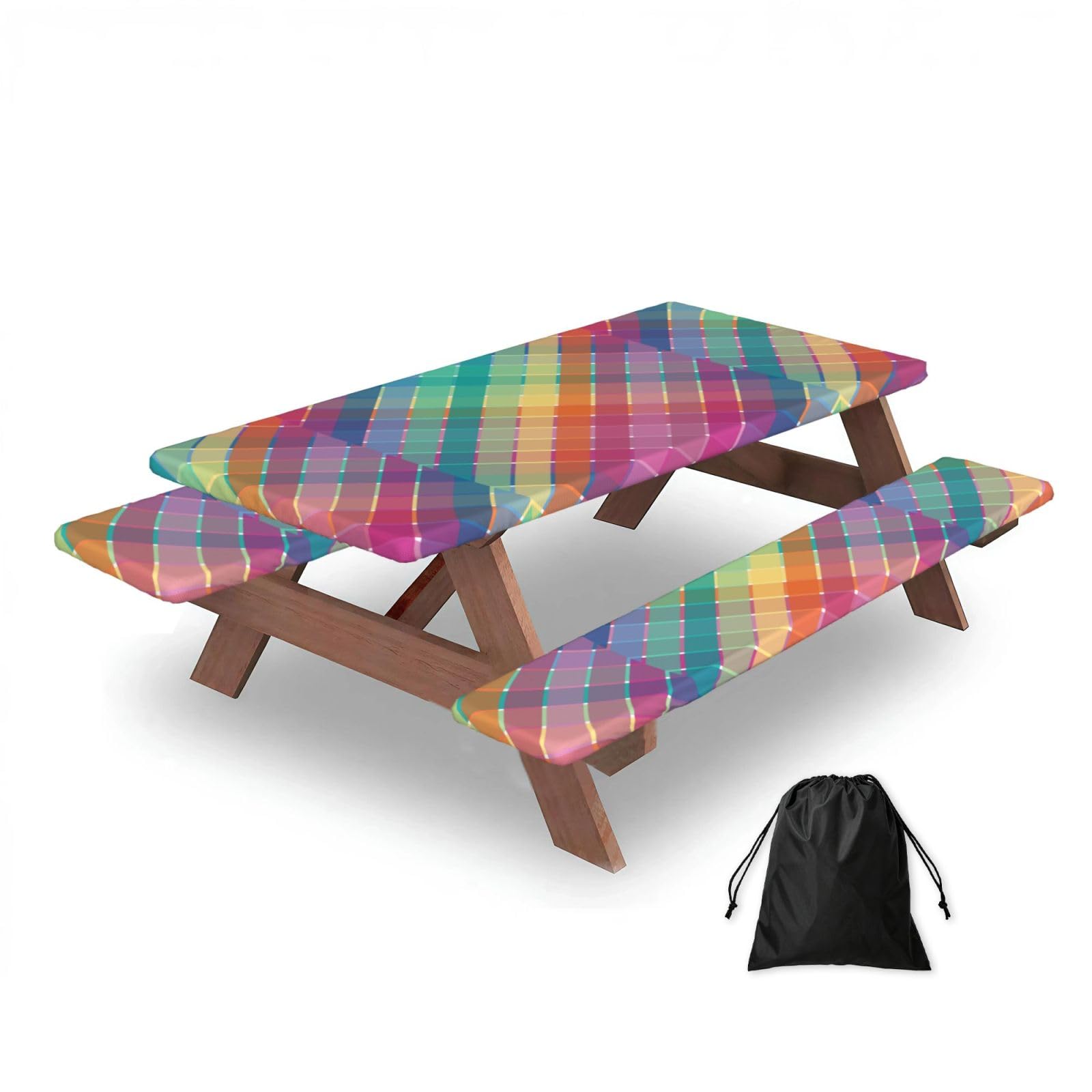 Dopklna As Picture Colorful Rainbow Multicolor Plaid Stripes, Picnic Table Cover With Bench Covers -Waterproof Elastic Fitted Tablecloth For Garden Camping Patio 76X152cm