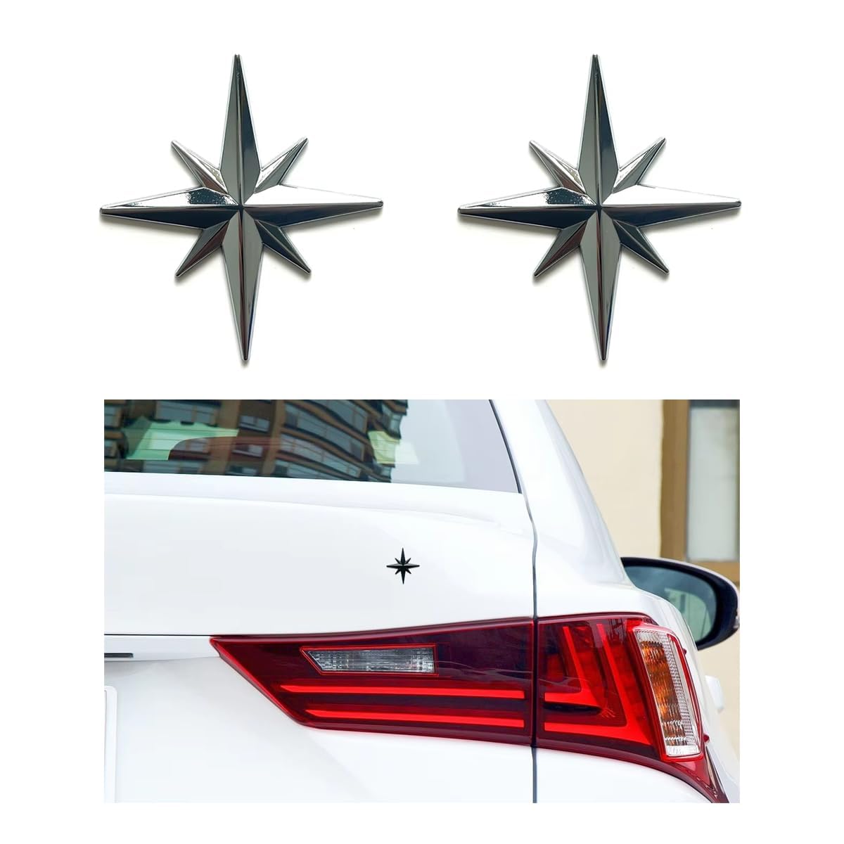 HDZJL 2Pcs 3D Chrome Metal Compass Octagonal Star Car Emblem for VW Tiguan 2.Gen SWB (5seats) 2016-2024, Compass Polaris Emblem Zinc Alloy Waterproof 3D Decorative Decal,Silver