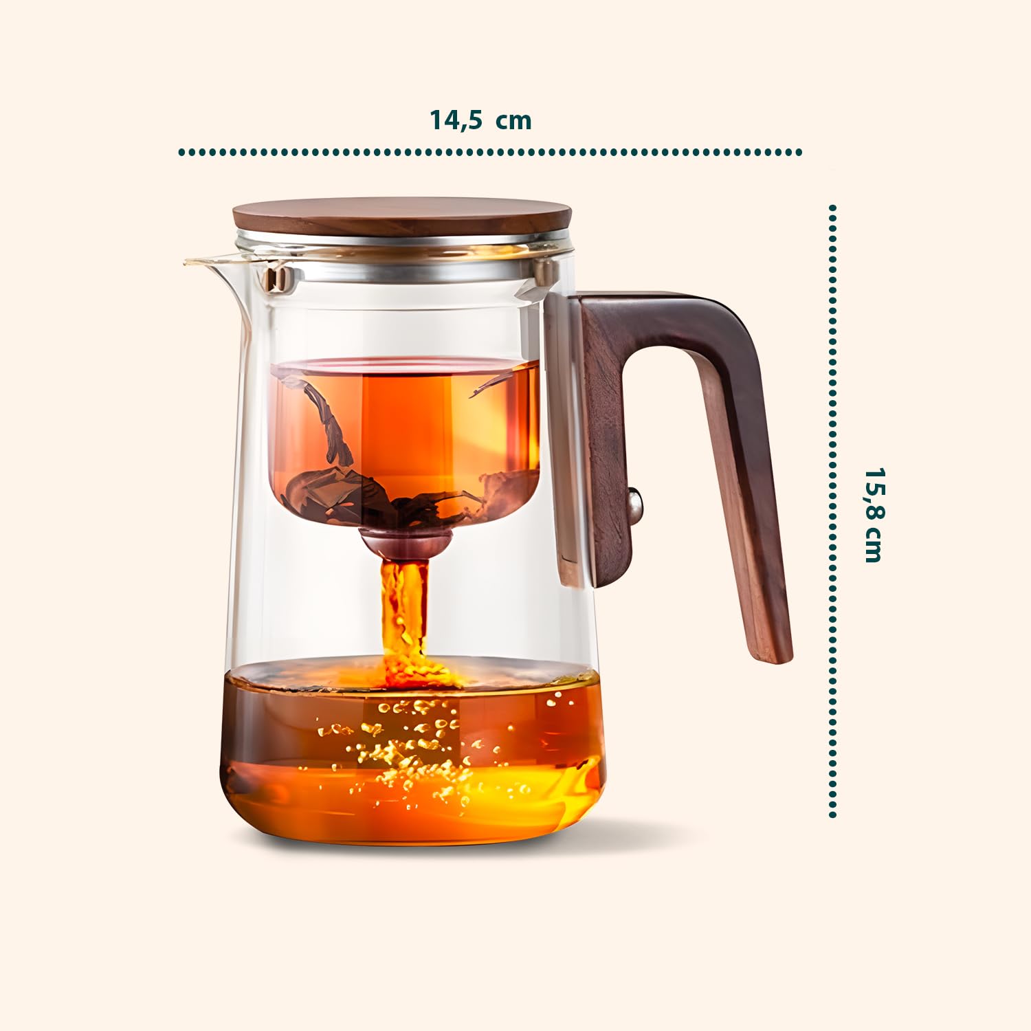 Avilia - Teiera in Vetro con Infusore da 600/800ml con Manico Effetto Legno Antiscottatura, Infusore a Pressione Integrato per Tè e Tisane, Chiusura Ermetica, Facile da Usare e da Pulire