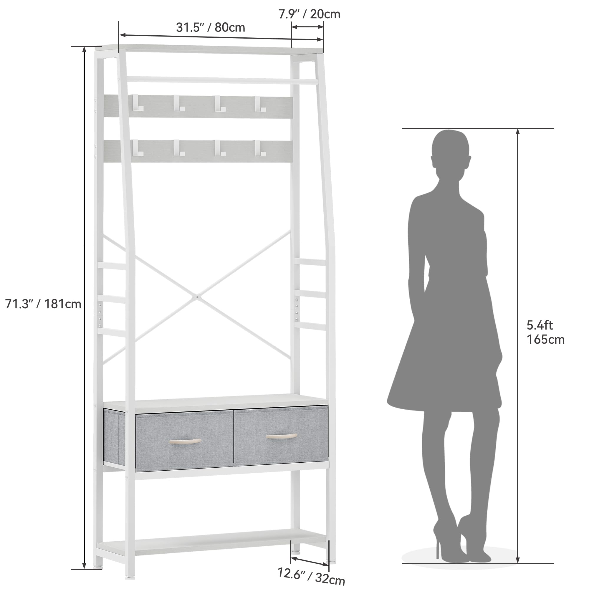 YITAHOME Porte-manteau avec rangement à chaussures, arbre d'entrée autonome avec banc et 2 tiroirs pliables, porte-manteaux industriel avec 8 crochets pour couloir, cadre en métal, Blanc