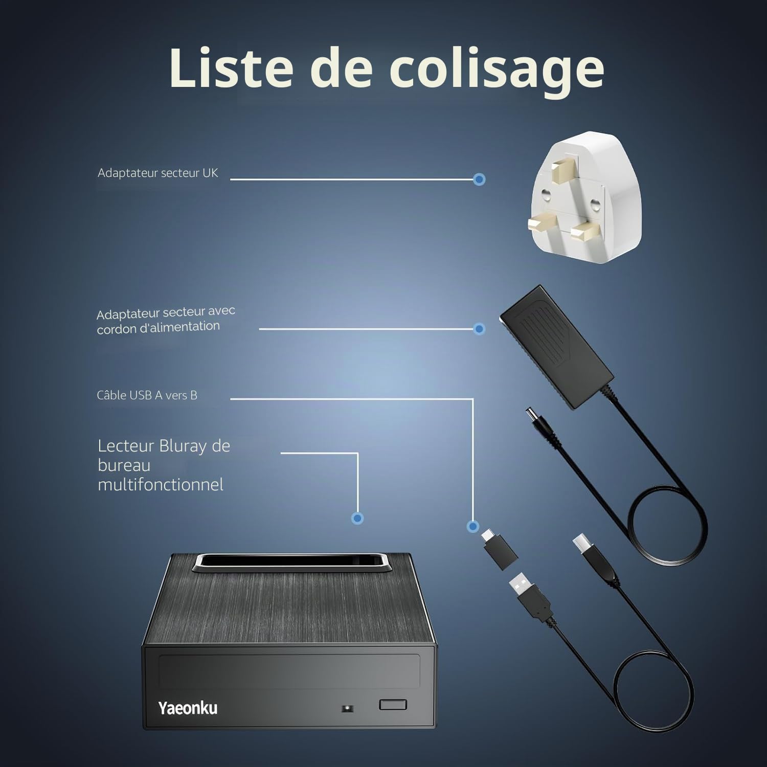 Yaeonku Lecteur Blu-ray externe 4 en 1, 16 x USB 3.0 et lecteur Blu-Ray externe de type C, chargeur rapide multifonctionnel, graveur CD/DVD de bureau, graveur CD/DVD avec boîtier de disque dur