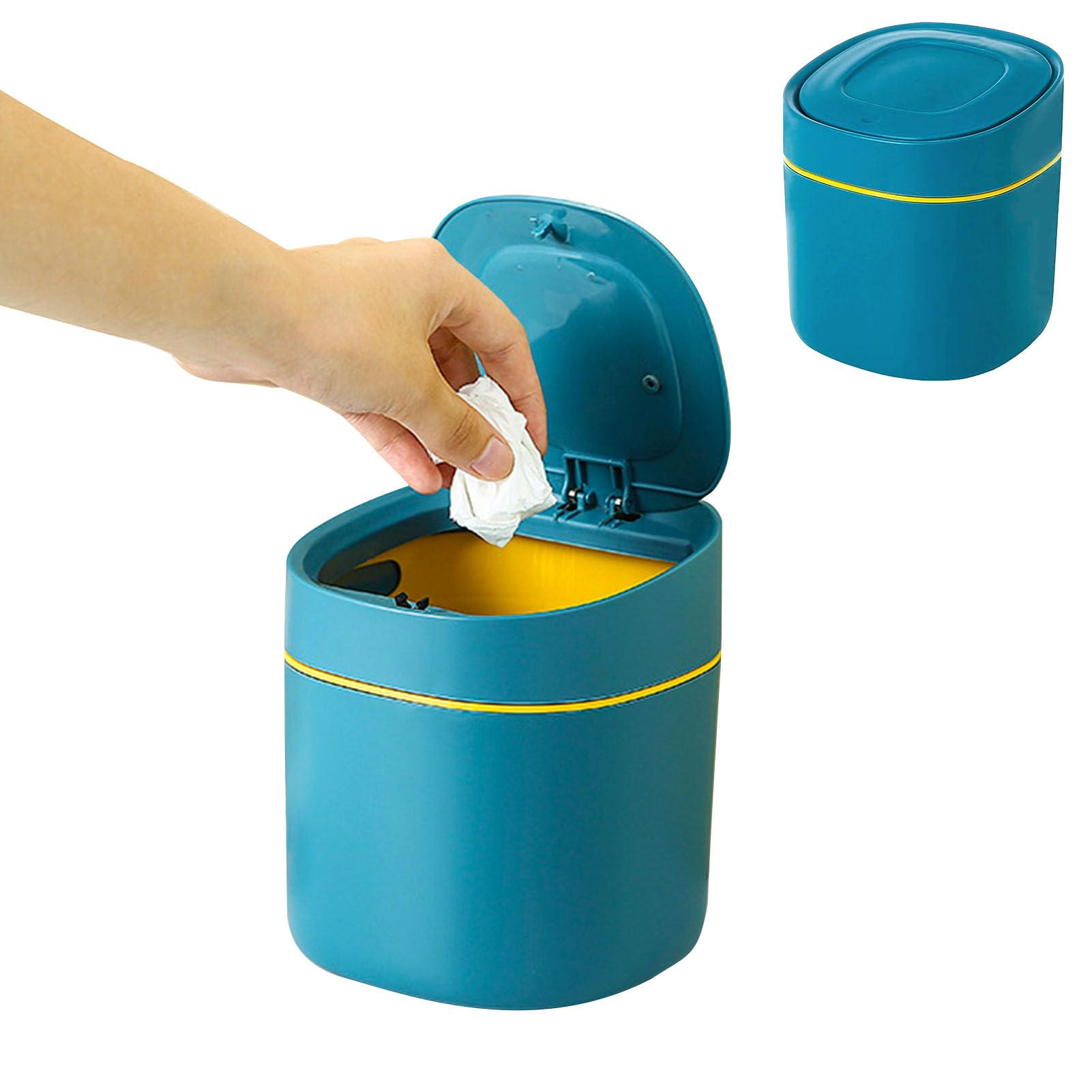 2 Stuks Plastic Mini Prullenbak Badkamer Bins met Swing Deksel en 4 Rollen Bin Liners, QLFJ-FurDec Desk Compact Ontwerp Cosmetische Bin Voor Thuis, Kantoor, Vanity Tafelblad, Slaapkamer (Blauw, Groen